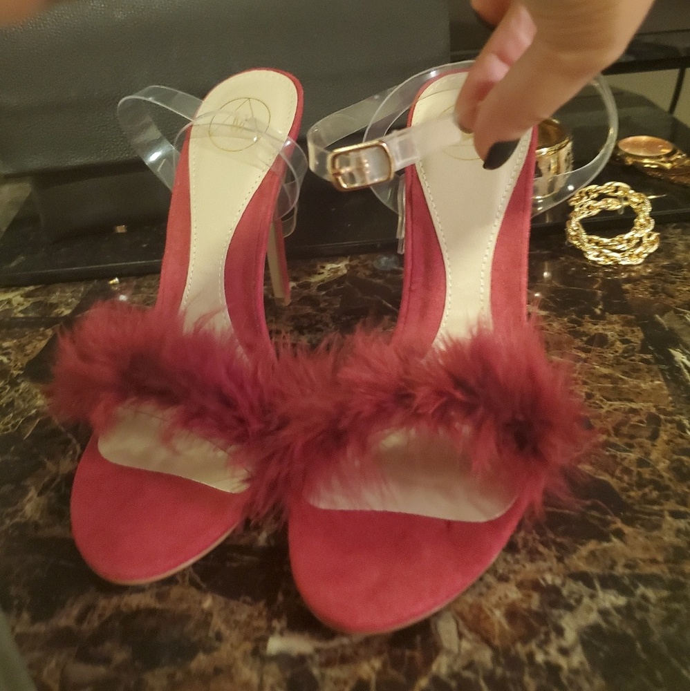 Burgundy feather strap heels